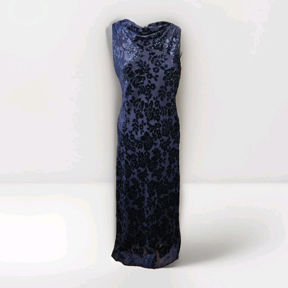 Vintage 90s Celestial Velvet Burnout Dress Beaded Goth Evening Gown 10